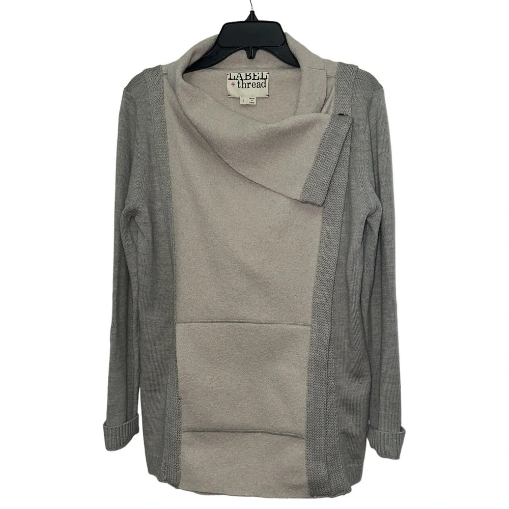 Label + Thread Wool Snap Front Wrap Sweater Size Small Wool Pockets Two Tone